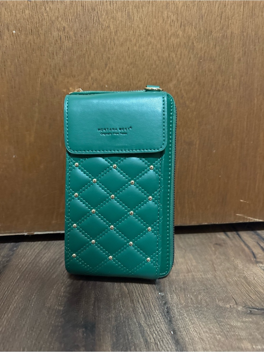 Montana West Emerald Quilted Crossbody Wallet with Gold Studs